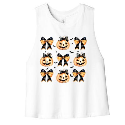 Halloween Pumpkin Coquette Bow Halloween Spooky Season Women's Racerback Cropped Tank