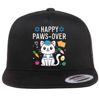 Happy Pawsover Cat Lover Funny Cat Passover Seder Flat Bill Trucker Hat
