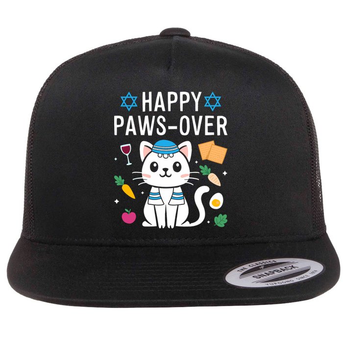 Happy Pawsover Cat Lover Funny Cat Passover Seder Flat Bill Trucker Hat