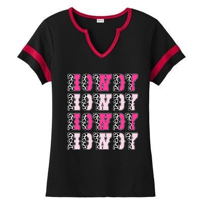 Howdy Pink Cow Print Western Country Cowgirl Texas Ladies Halftime Notch Neck Tee