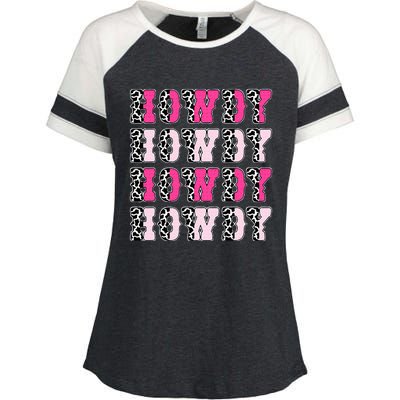 Howdy Pink Cow Print Western Country Cowgirl Texas Enza Ladies Jersey Colorblock Tee