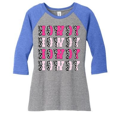 Howdy Pink Cow Print Western Country Cowgirl Texas Women's Tri-Blend 3/4-Sleeve Raglan Shirt