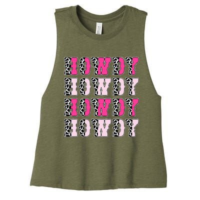 Howdy Pink Cow Print Western Country Cowgirl Texas Women's Racerback Cropped Tank