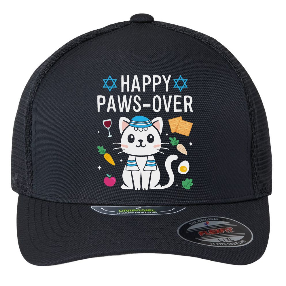 Happy Pawsover Cat Lover Funny Cat Passover Seder Flexfit Unipanel Trucker Cap