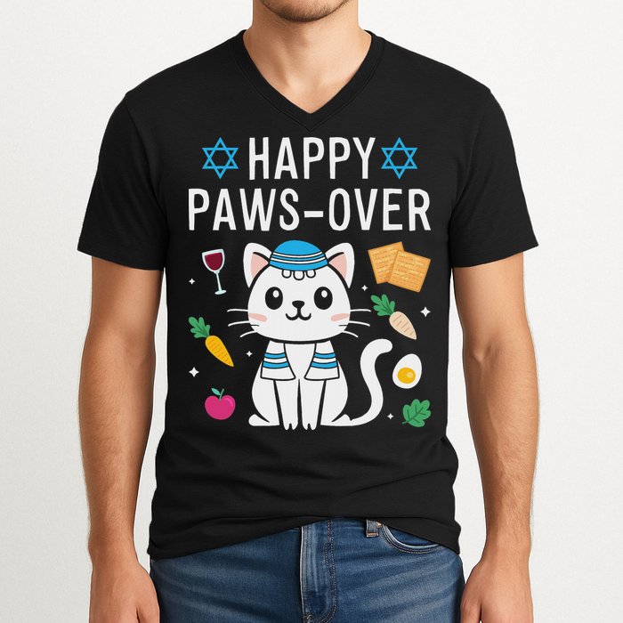 Happy Pawsover Cat Lover Funny Cat Passover Seder V-Neck T-Shirt