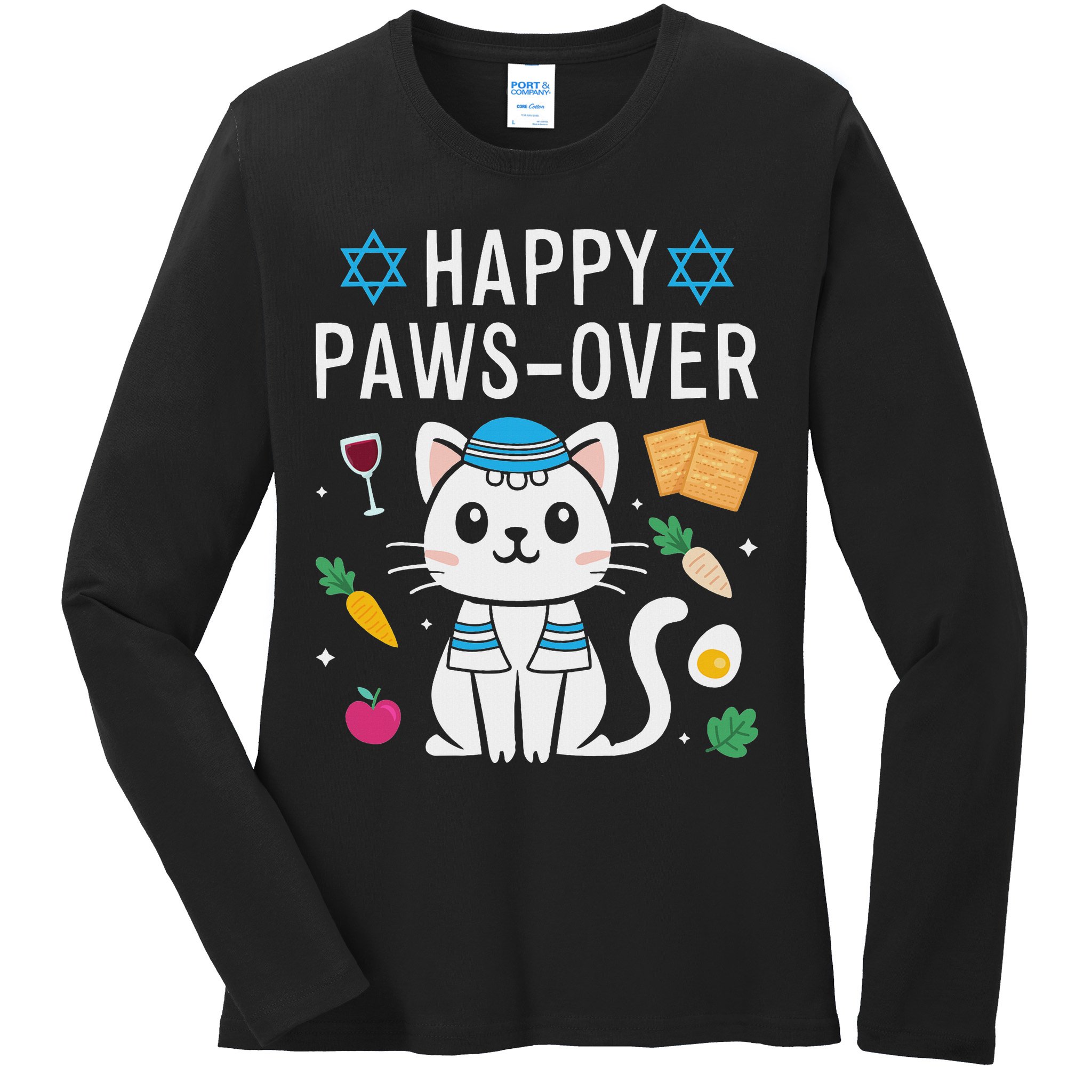 Happy Pawsover Cat Lover Funny Cat Passover Seder Ladies Long Sleeve Shirt