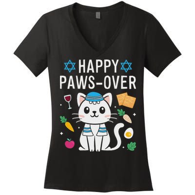 Happy Pawsover Cat Lover Funny Cat Passover Seder Women's V-Neck T-Shirt