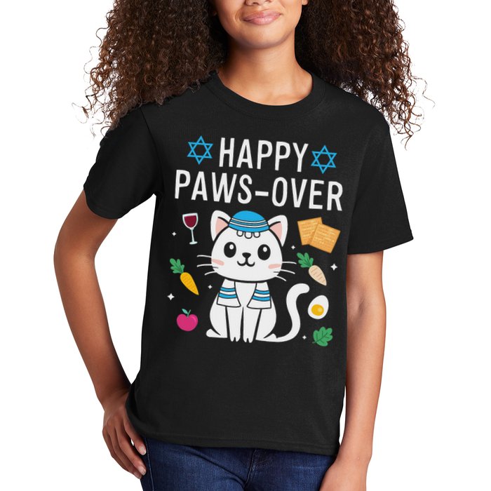 Happy Pawsover Cat Lover Funny Cat Passover Seder Kids T-Shirt