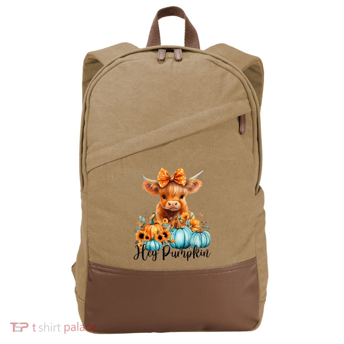 Hey Pumpkin Cute Highland Cow Fall Autumn Thanksgiving Cotton Canvas Backpack