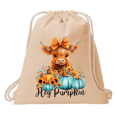 Hey Pumpkin Cute Highland Cow Fall Autumn Thanksgiving Drawstring Bag