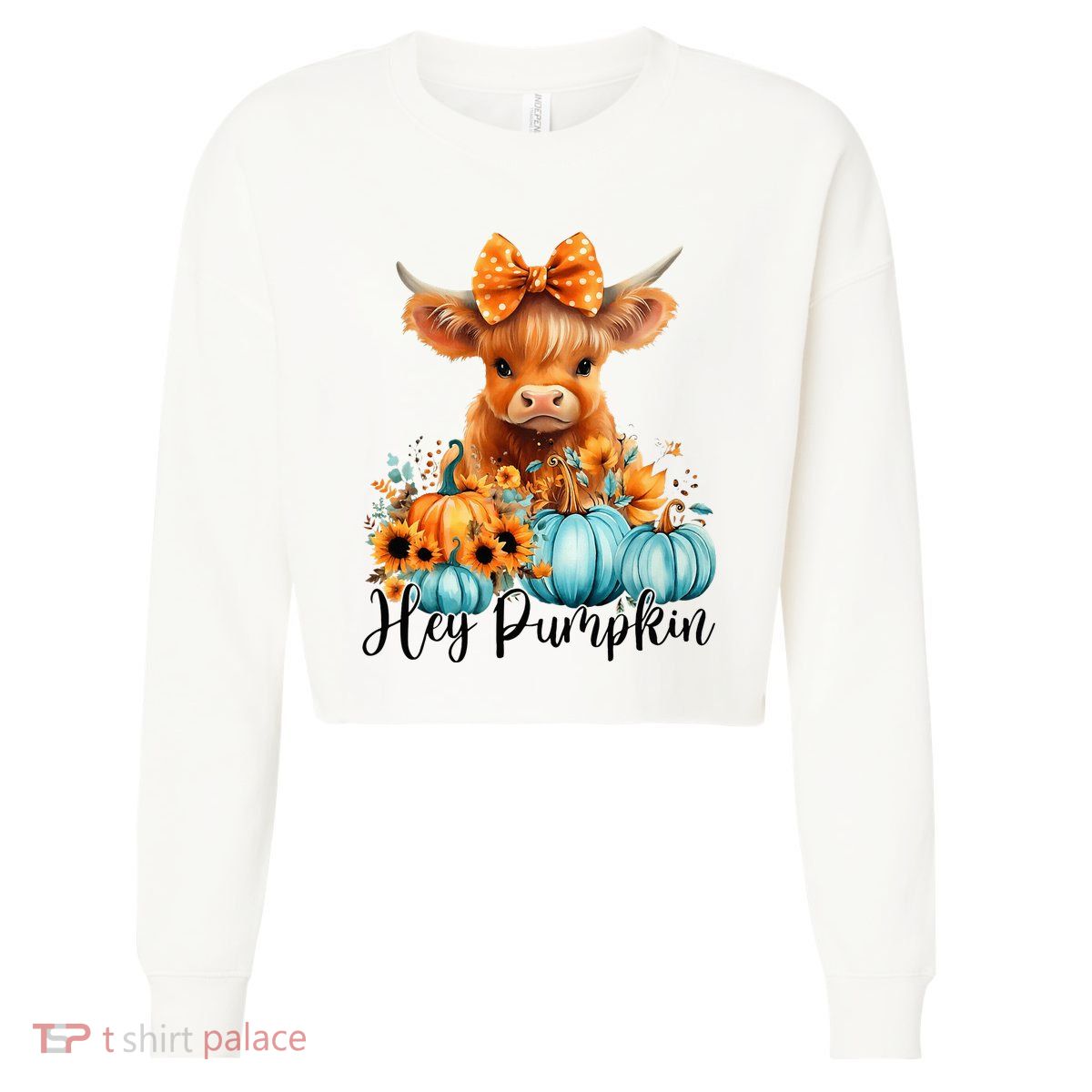 Hey Pumpkin Cute Highland Cow Fall Autumn Thanksgiving Cropped Pullover Crew