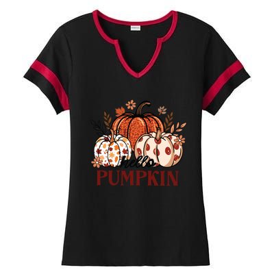 Hello Pumpkin Cute Halloween Women Fall Thanksgiving  Ladies Halftime Notch Neck Tee