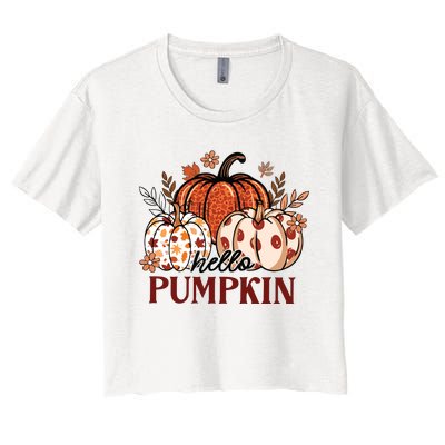 Hello Pumpkin Cute Halloween Women Fall Thanksgiving  Women's Crop Top Tee