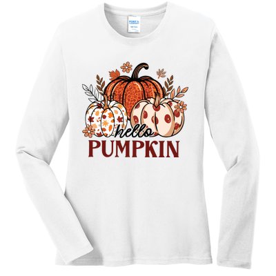 Hello Pumpkin Cute Halloween Women Fall Thanksgiving  Ladies Long Sleeve Shirt