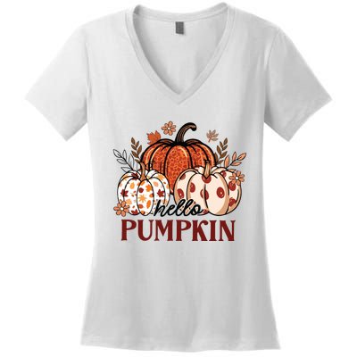 Hello Pumpkin Cute Halloween Women Fall Thanksgiving  Women's V-Neck T-Shirt