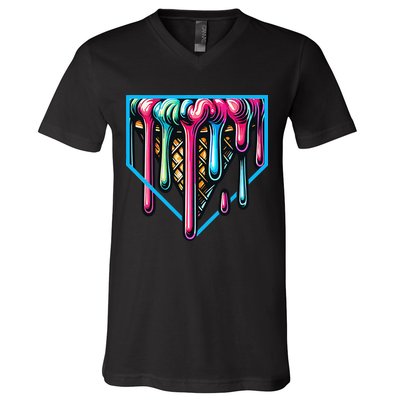 Home Plate Drip Ice Cream Softball & Baseball V-Neck T-Shirt
