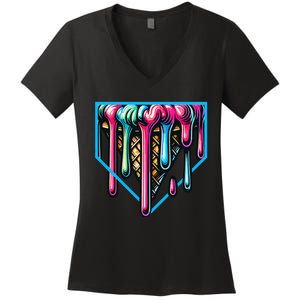 Home Plate Drip Ice Cream Softball & Baseball Women's V-Neck T-Shirt