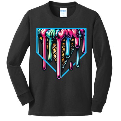 Home Plate Drip Ice Cream Softball & Baseball Kids Long Sleeve Shirt