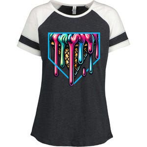 Home Plate Drip Ice Cream Softball & Baseball Enza Ladies Jersey Colorblock Tee