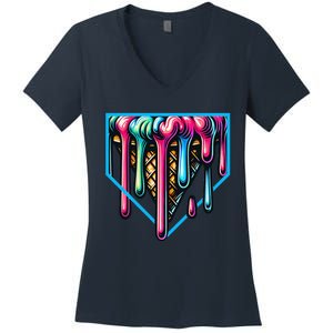 Home Plate Drip Ice Cream Softball & Baseball Women's V-Neck T-Shirt