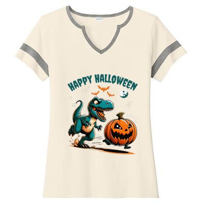 Halloween Pumpkin Dinosaur Funny Trex Ladies Halftime Notch Neck Tee