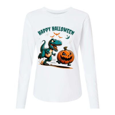 Halloween Pumpkin Dinosaur Funny Trex Womens Cotton Relaxed Long Sleeve T-Shirt