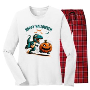 Halloween Pumpkin Dinosaur Funny Trex Women's Long Sleeve Flannel Pajama Set 