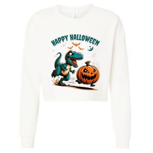 Halloween Pumpkin Dinosaur Funny Trex Cropped Pullover Crew