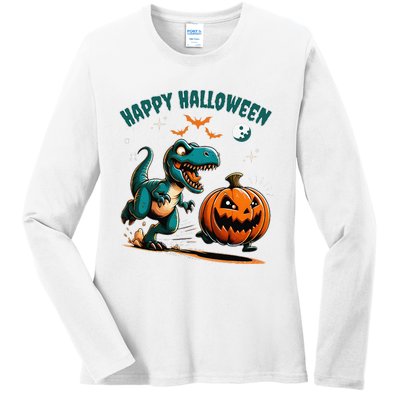 Halloween Pumpkin Dinosaur Funny Trex Ladies Long Sleeve Shirt