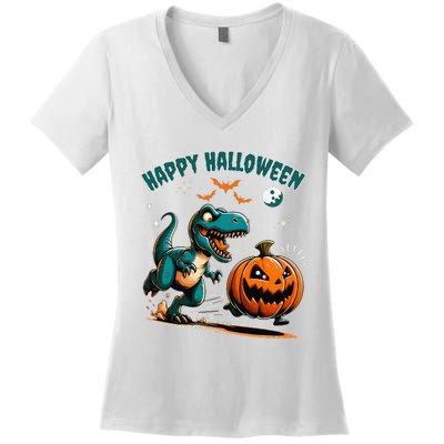 Halloween Pumpkin Dinosaur Funny Trex Women's V-Neck T-Shirt