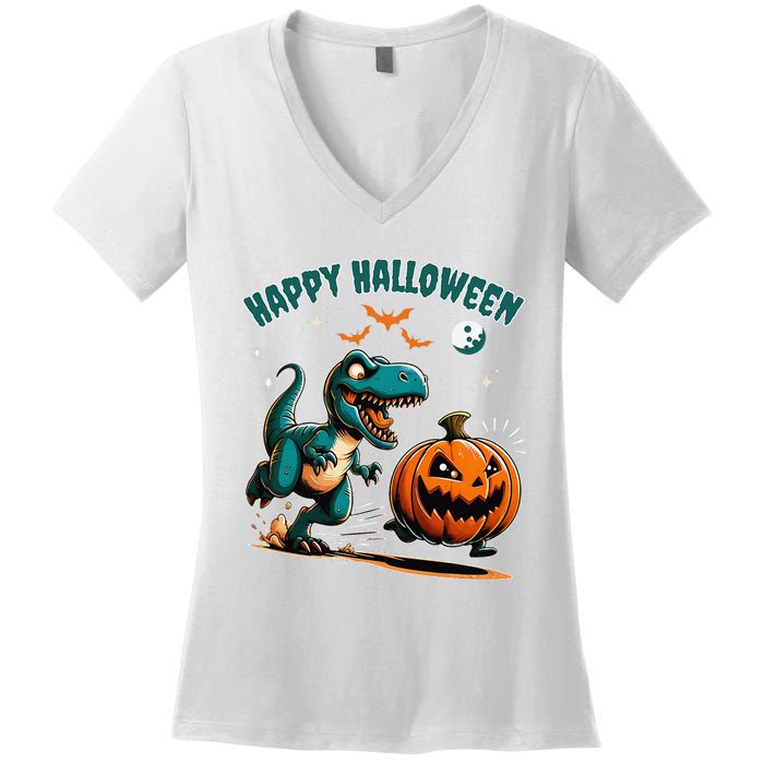 Halloween Pumpkin Dinosaur Funny Trex Women's V-Neck T-Shirt