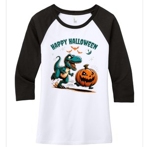 Halloween Pumpkin Dinosaur Funny Trex Women's Tri-Blend 3/4-Sleeve Raglan Shirt