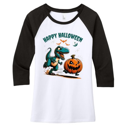 Halloween Pumpkin Dinosaur Funny Trex Women's Tri-Blend 3/4-Sleeve Raglan Shirt