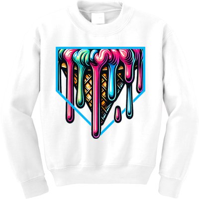 Home Plate Drip Ice Cream Softball & Baseball Kids Sweatshirt