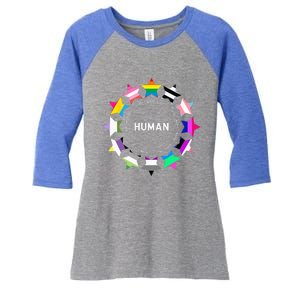 Human Pride Design Human LGBTQ Flag Women's Tri-Blend 3/4-Sleeve Raglan Shirt