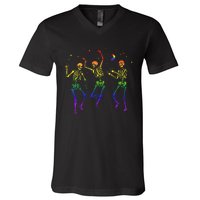 Halloween Pride Dancing Skeletons Celebrate LGBTQ+ V-Neck T-Shirt