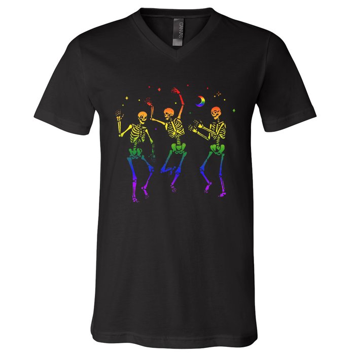 Halloween Pride Dancing Skeletons Celebrate LGBTQ+ V-Neck T-Shirt