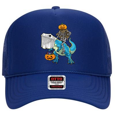 Halloween Pumpkin Dinosaur Skeleton T Rex Gift High Crown Mesh Back Trucker Hat