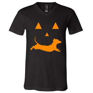 Halloween Pumpkin Dachshund Jackolantern V-Neck T-Shirt