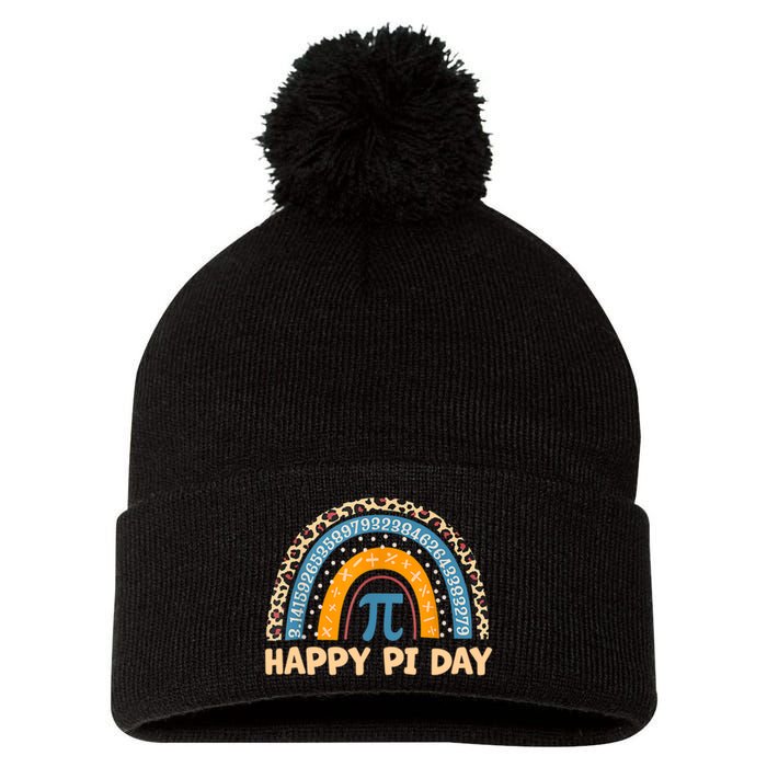 Happy Pi Day Leopard Rainbow Pom Pom 12in Knit Beanie