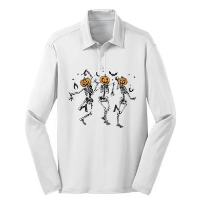 Halloween Pumpkin Dancing Skeleton Costume Silk Touch Performance Long Sleeve Polo