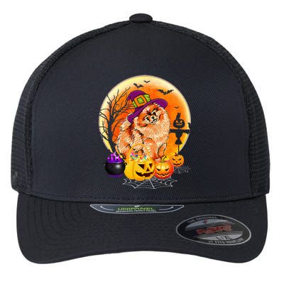 Halloween Pomeranian Dog Moon With Pumpkin Funny Gifts Flexfit Unipanel Trucker Cap