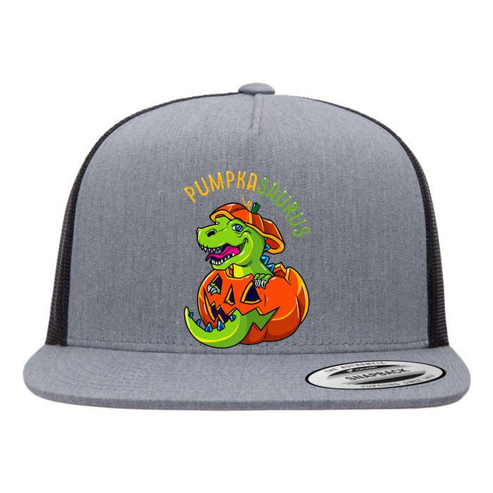 Halloween Pumpkasaurus Dinosaur Pumpkin Funny T rex Flat Bill Trucker Hat