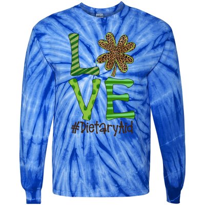 Happy Patrick's Day Love Dietary Aid Nurse Irish And Leopard Gift Tie-Dye Long Sleeve Shirt