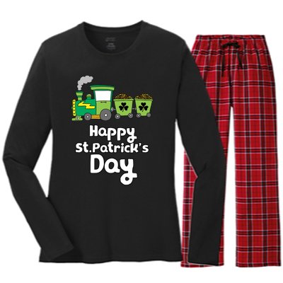 Happy Patrick's Day Cute Train Irish Boy Shamrock Gifts Women's Long Sleeve Flannel Pajama Set 