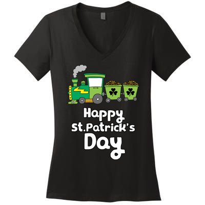 Happy Patrick's Day Cute Train Irish Boy Shamrock Gifts Women's V-Neck T-Shirt