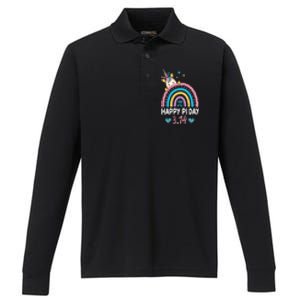 Happy Pi Day Math Teacher School  Rainbow Unicorn Performance Long Sleeve Polo