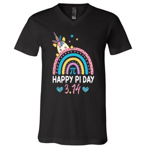 Happy Pi Day Math Teacher School  Rainbow Unicorn V-Neck T-Shirt