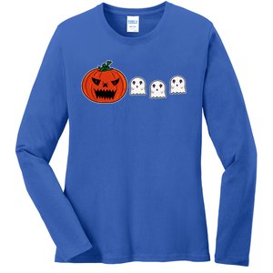 Hq Pumpkin Eating Ghoscute Gift Retro Gamer Spooky Pumpkin Meaningful Gift Ladies Long Sleeve Shirt