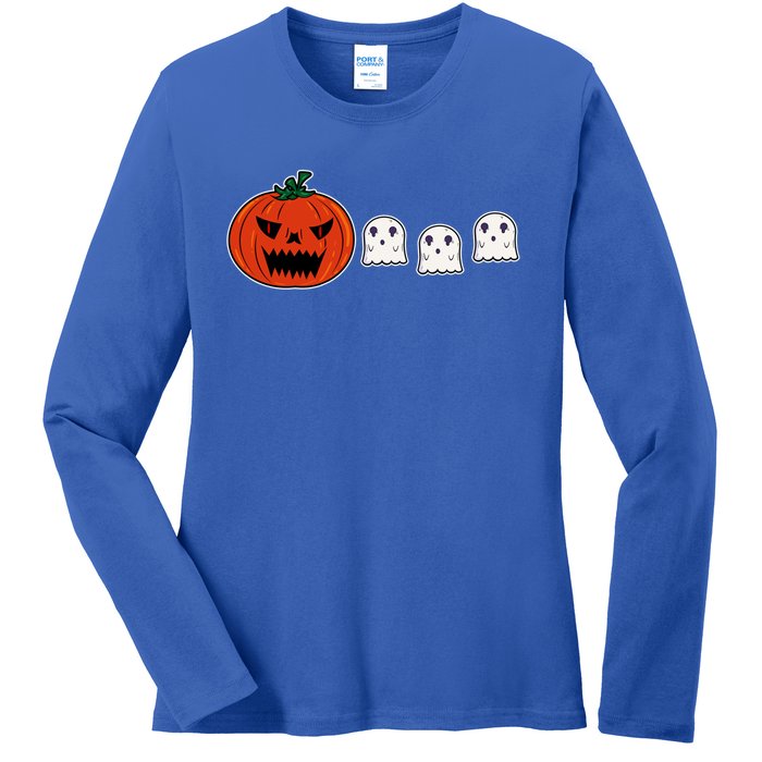 Hq Pumpkin Eating Ghoscute Gift Retro Gamer Spooky Pumpkin Meaningful Gift Ladies Long Sleeve Shirt